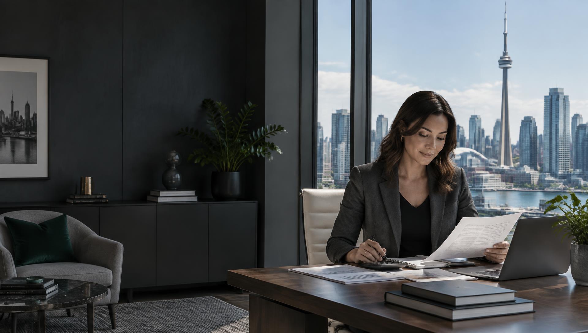 Business consultant reviewing financial documents in a Toronto office; illustrative image